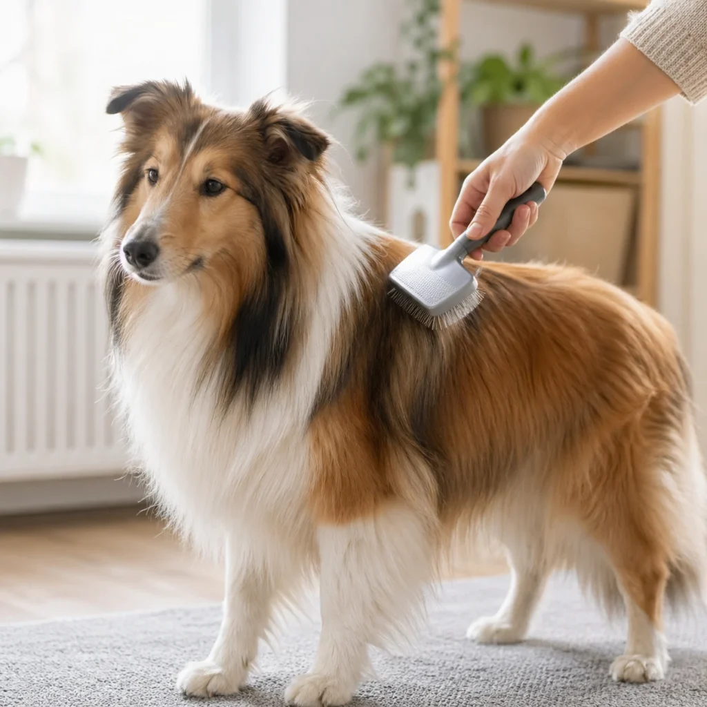 1 brushing long haired dog