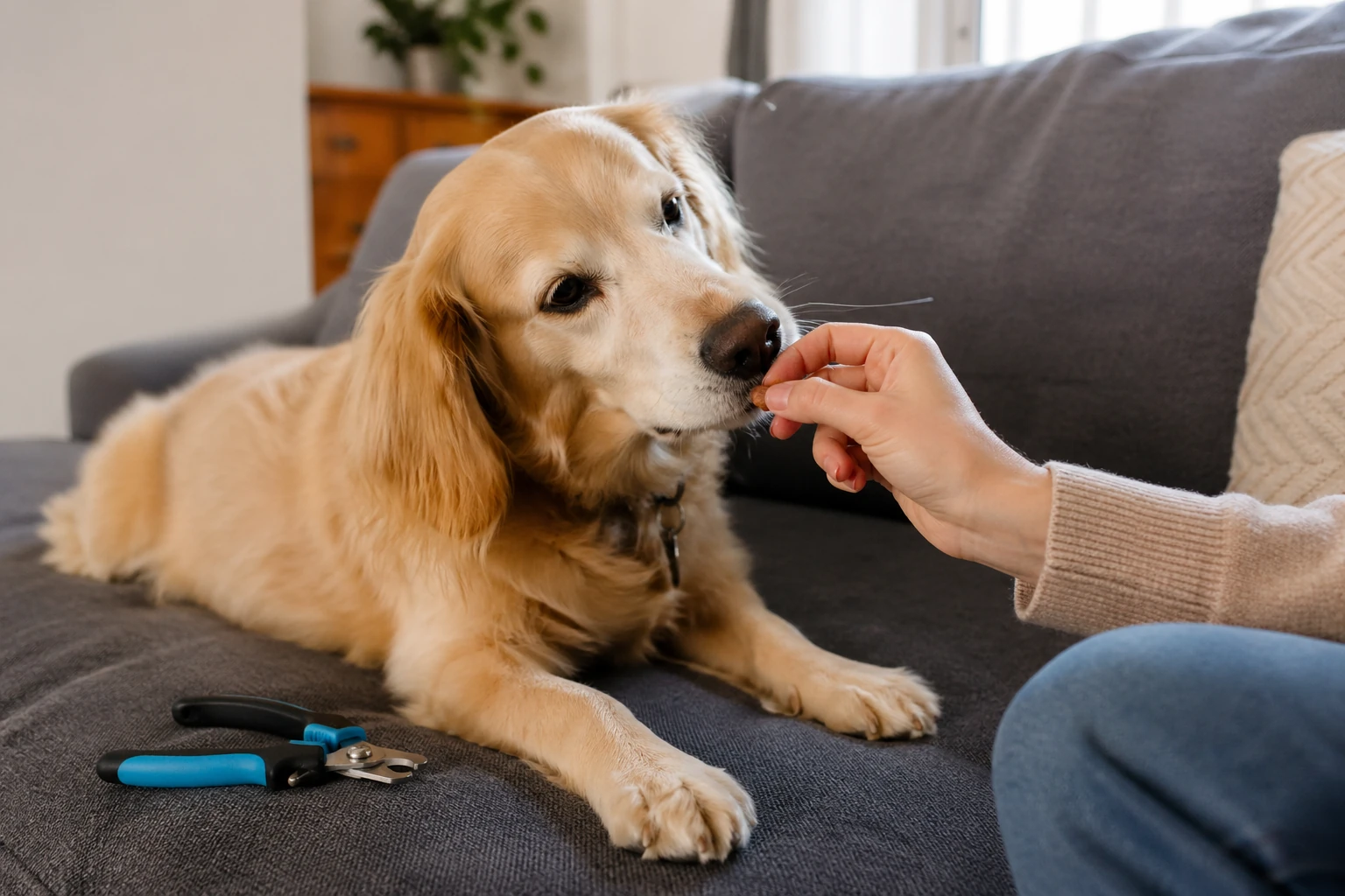dog receiving treat after nail trimming
